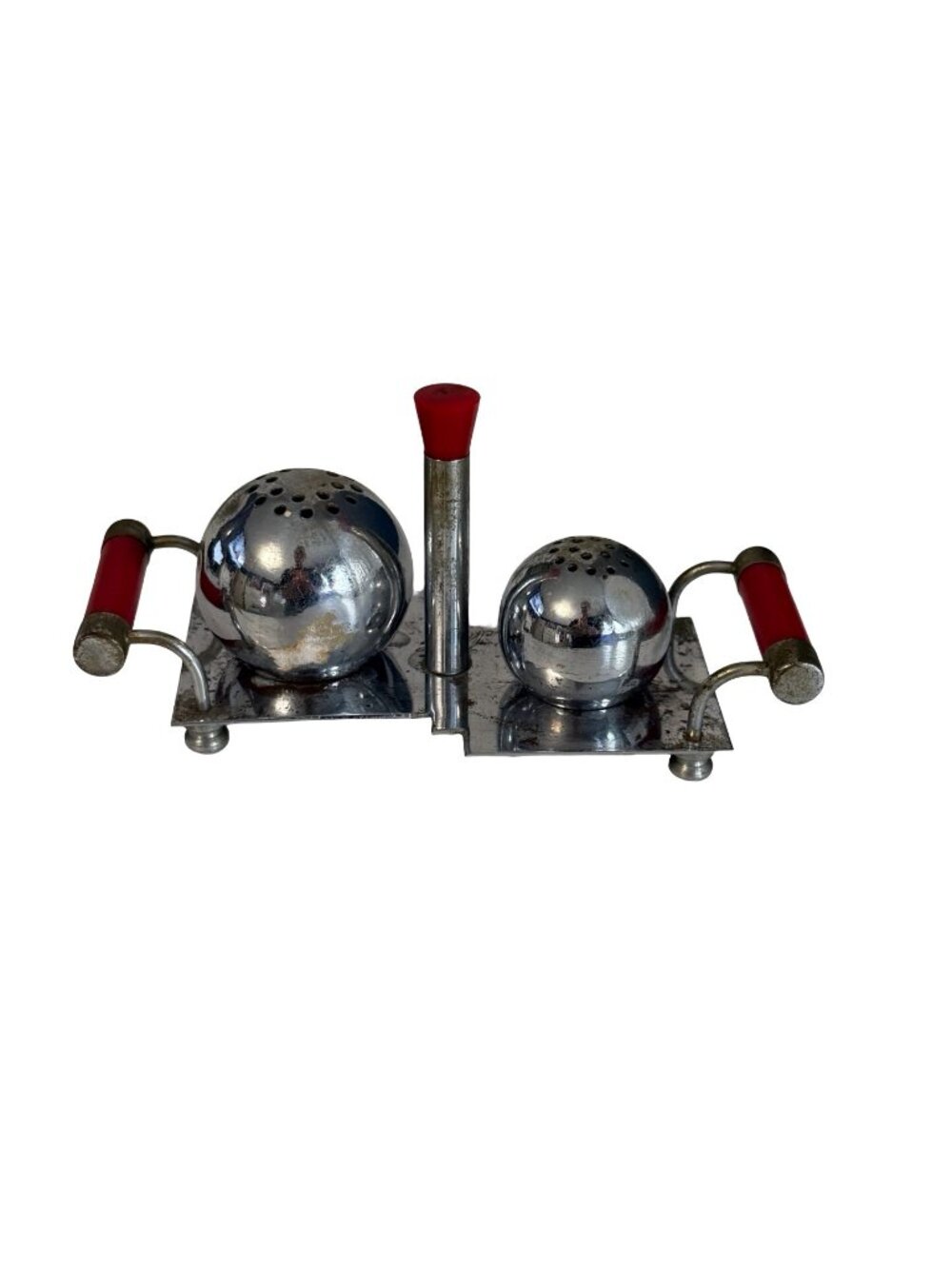 Vintage Japan Chrome Salt Pepper Shaker Set Tray Red Handles Mid Century Atomic